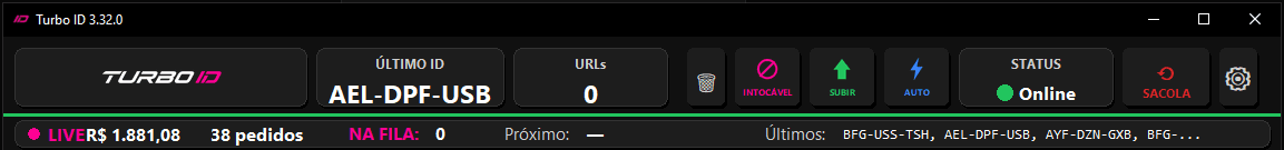 Barra de status do Turbo Live em uma live -- ID, URLs, status Online e faturamento em tempo real